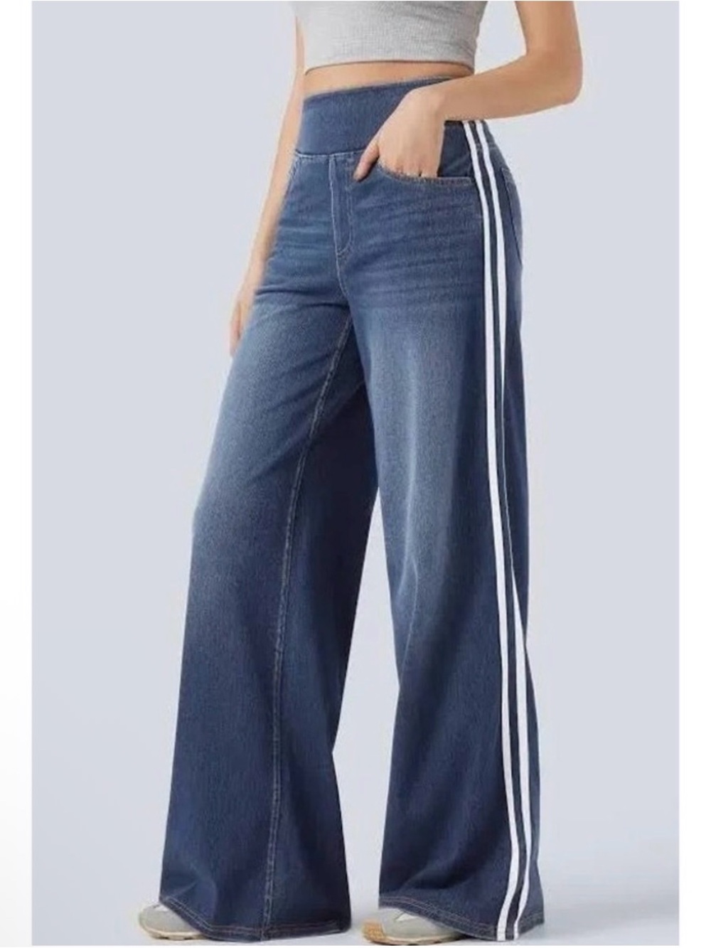 Halara Flex High Waisted Stripe Wide Leg Jeans Blue Denim
